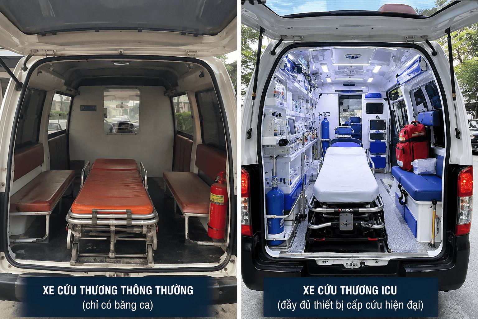 So sánh xe cứu thương truyền thống với xe cứu thương hiện đại trang bị đầy đủ trang thiết bị phục vụ cấp cứu nhanh