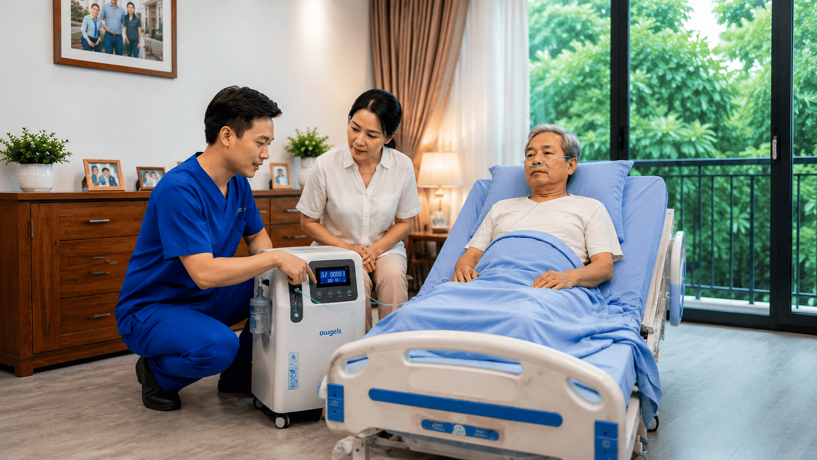 Kỹ thuật viên hướng dẫn gia đình sử dụng thiết bị y tế tại nhà